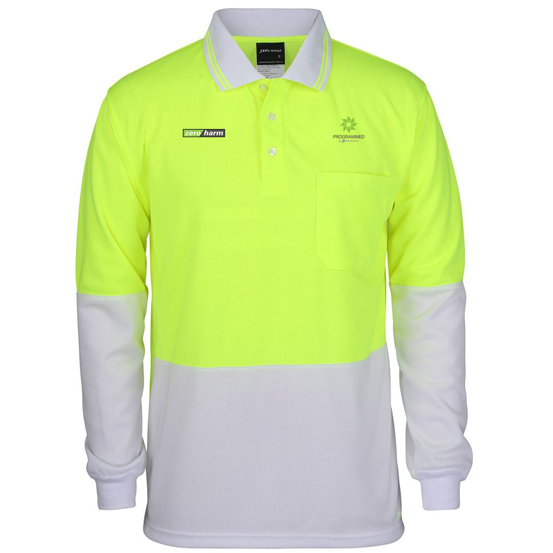 JB'S HI VIS L/S TRADITIONAL POLO - LIME/WHITE