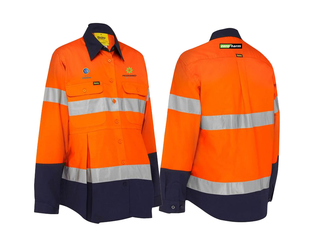 WOMEN'S TAPED HI VIS MATERNITY DRILL SHIRT - ORANGE/NAVY