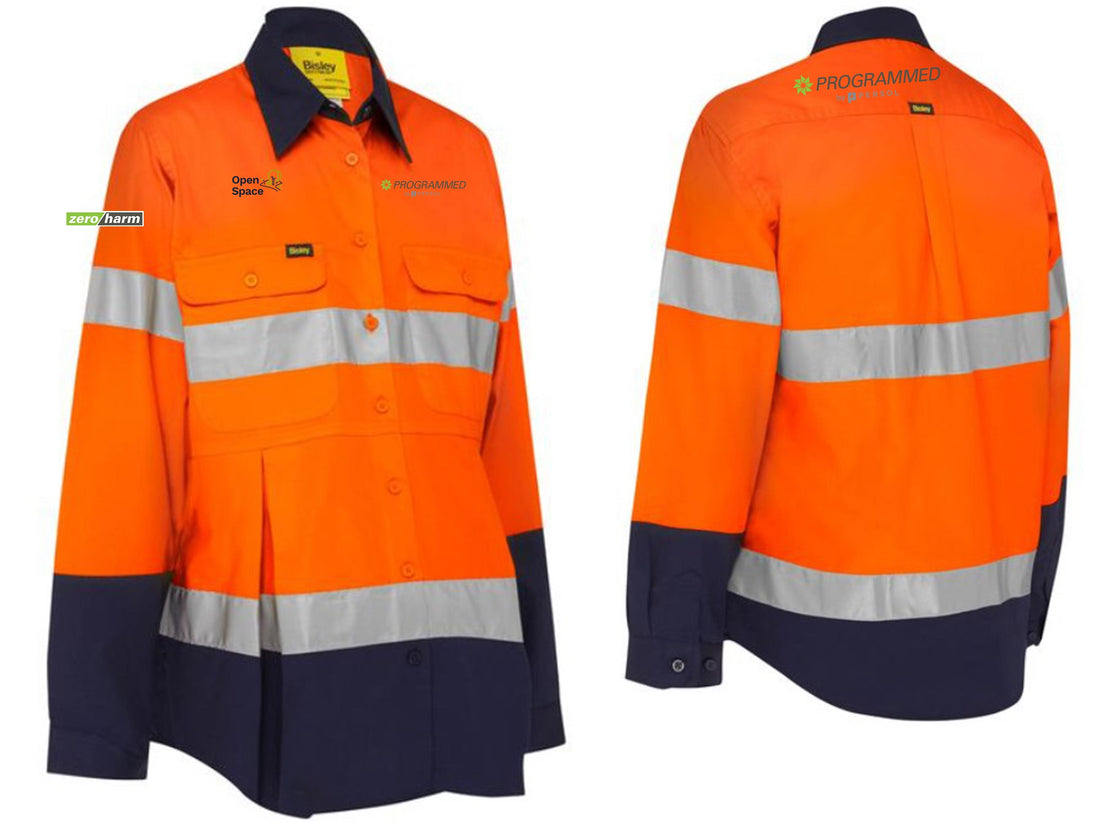 WOMENS HI VIS TWO TONE DRILL LONG SLEEVE MATERNITY SHIRT - ORANGE/NAVY
