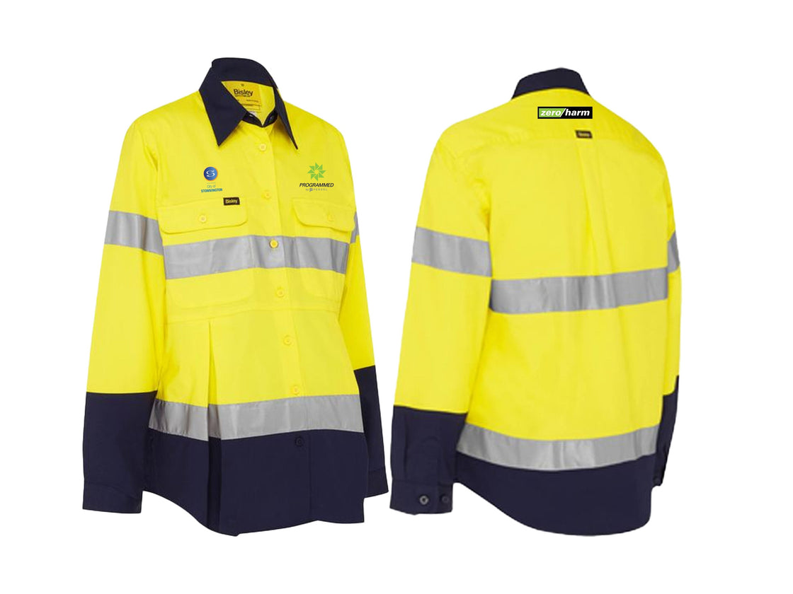 WOMEN'S TAPED HI VIS MATERNITY DRILL SHIRT - YELLOW/NAVY