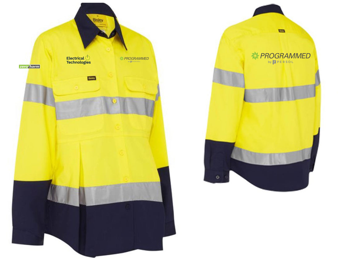 WOMENS HI VIS TWO TONE DRILL LONG SLEEVE MATERNITY SHIRT - YELLOW/NAVY