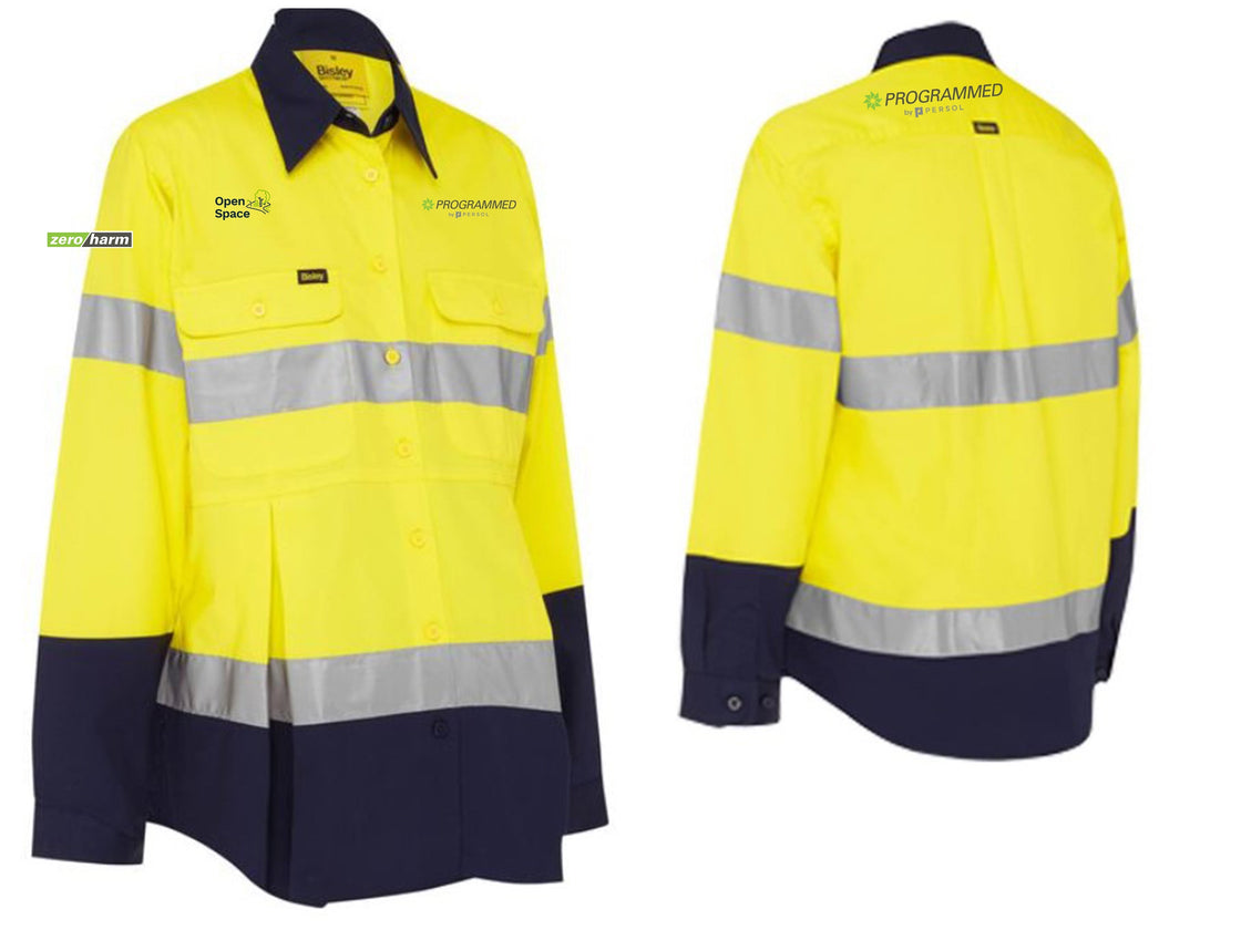 WOMENS HI VIS TWO TONE DRILL LONG SLEEVE MATERNITY SHIRT - YELLOW/NAVY