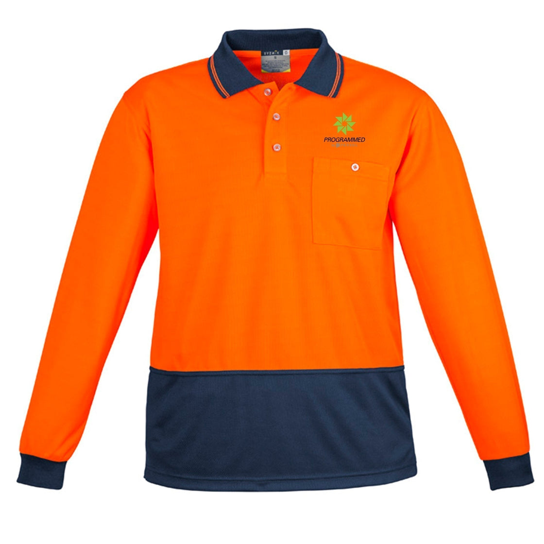 UNISEX HI VIS BASIC LONG SLEEVE POLO - ORANGE/NAVY