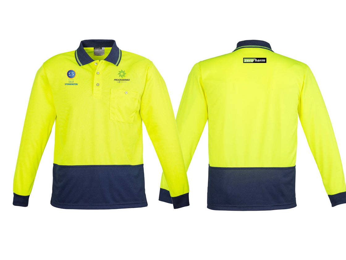 UNISEX HI VIS BASIC LONG SLEEVE POLO - YELLOW/NAVY
