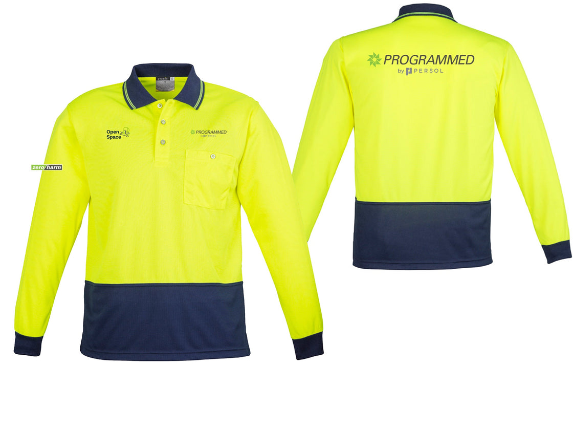 UNISEX HI VIS BASIC LONG SLEEVE POLO - YELLOW/NAVY