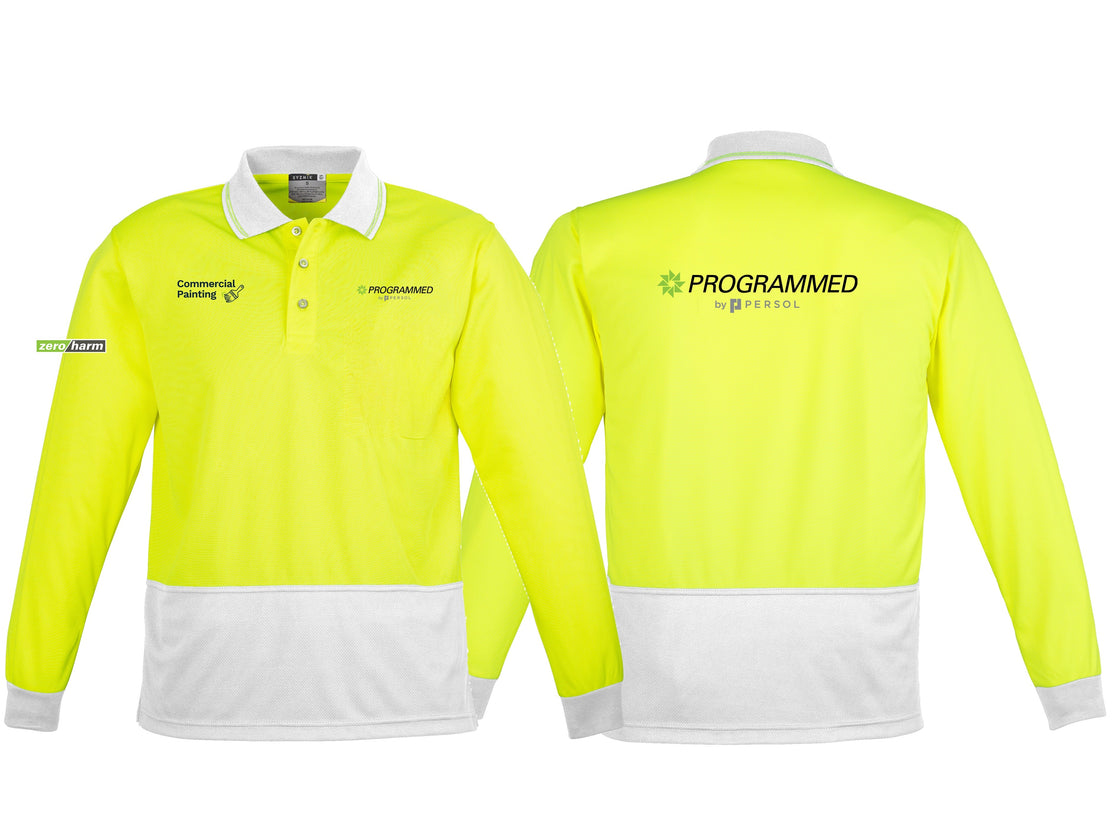 UNISEX HI VIS BASIC LONG SLEEVE POLO - YELLOW/WHITE