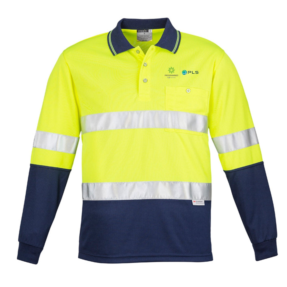 MENS HI VIS SPLICED LONG SLEEVE POLO - HOOP TAPED - YELLOW/NAVY