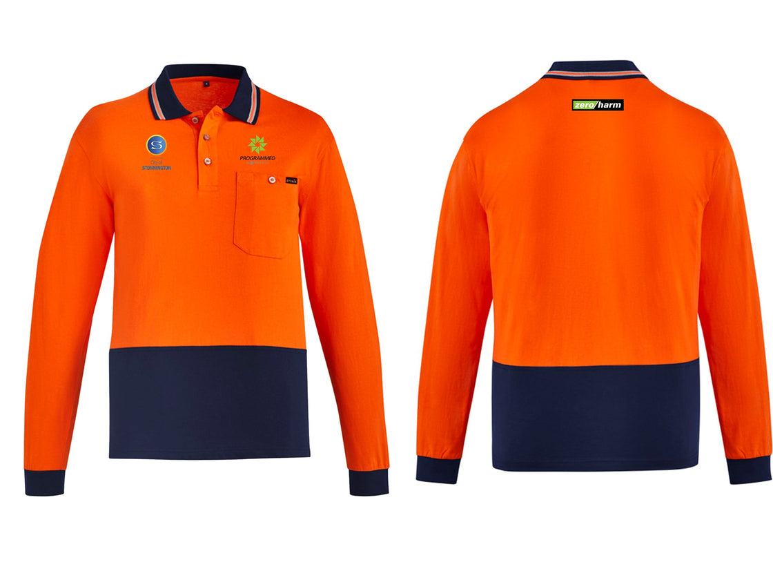MENS HI VIS COTTON L/S POLO - ORANGE/NAVY