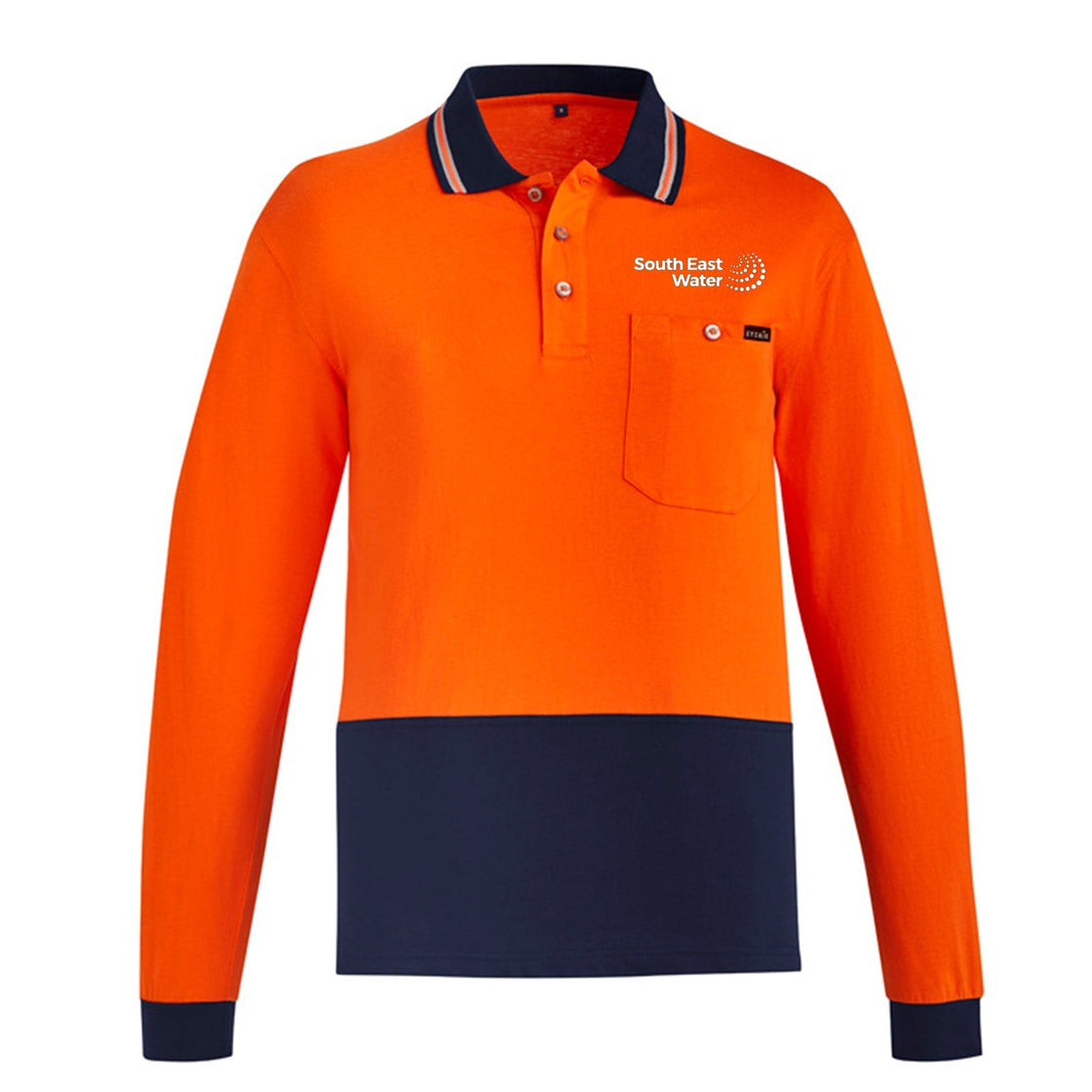 MENS HI VIS COTTON LONG SLEEVE POLO - ORANGE/NAVY