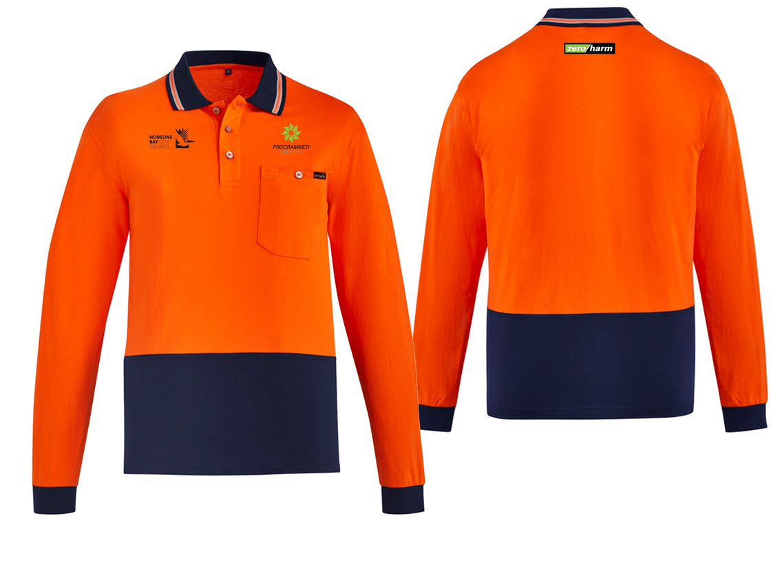 MENS HI VIS COTTON LONG SLEEVE POLO - ORANGE/NAVY