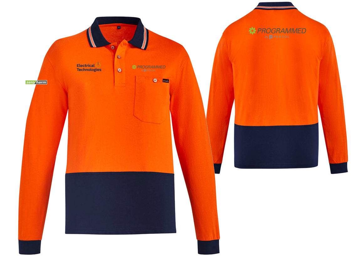 MENS HI VIS COTTON L/S POLO - ORANGE/NAVY