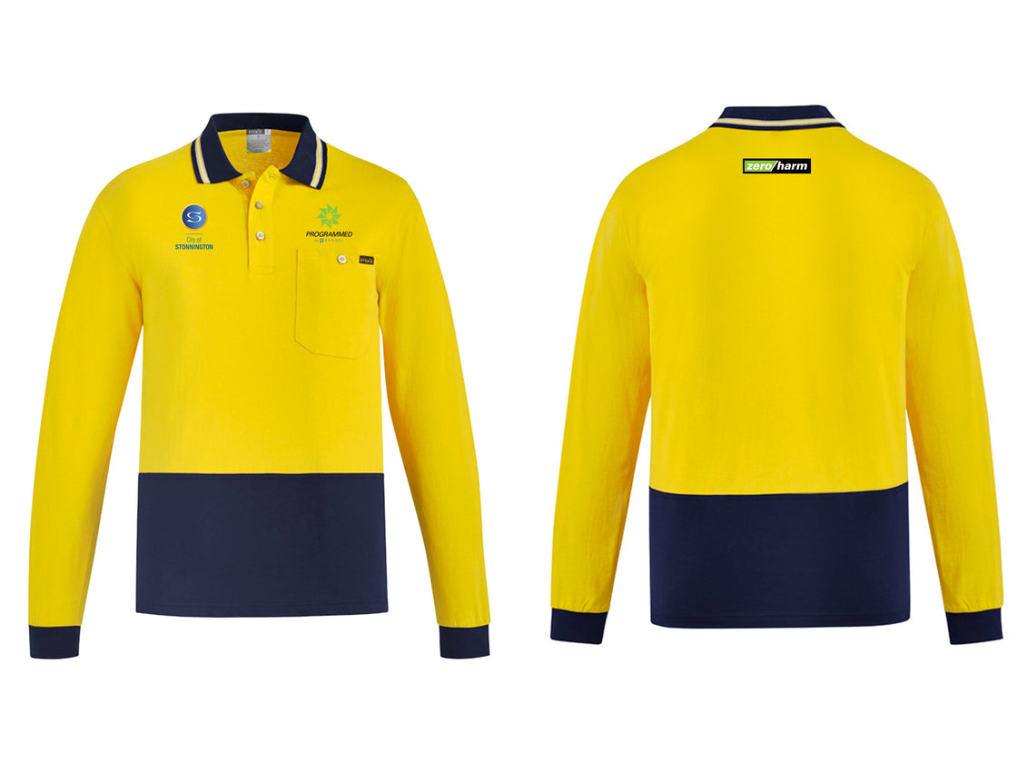 MENS HI VIS COTTON L/S POLO - YELLOW/NAVY