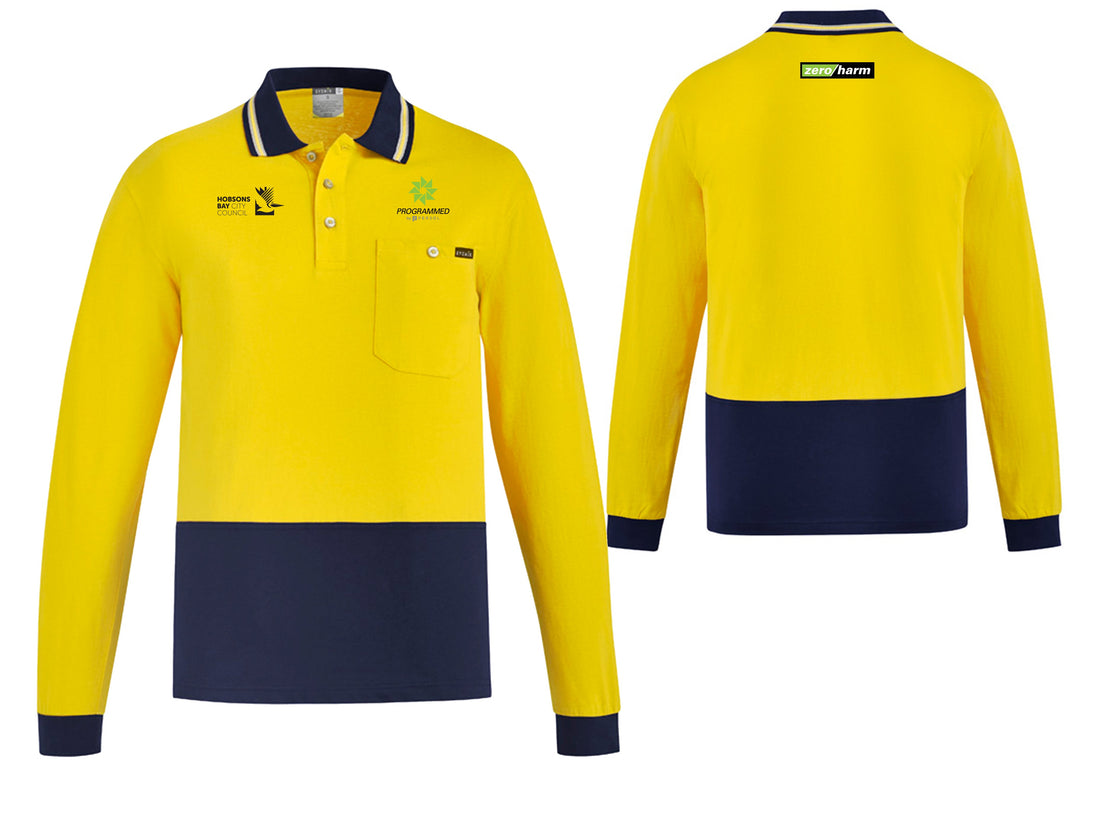 MENS HI VIS COTTON LONG SLEEVE POLO - YELLOW/NAVY