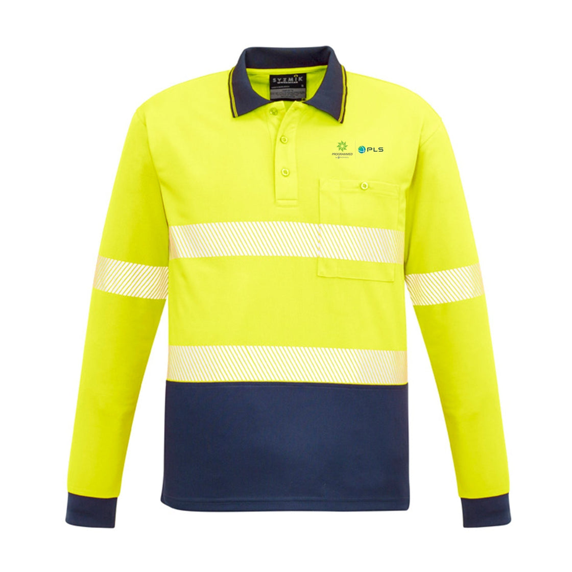 UNISEX HI VIS SEGMENTED TAPE LONG SLEEVE POLO - YELLOW/NAVY