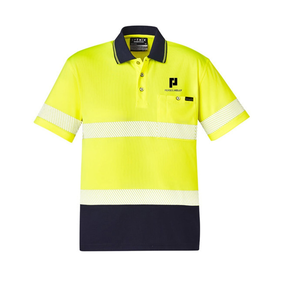 UNISEX HI VIS SEGMENTED S/S POLO - HOOP TAPED - YELLOW/NAVY