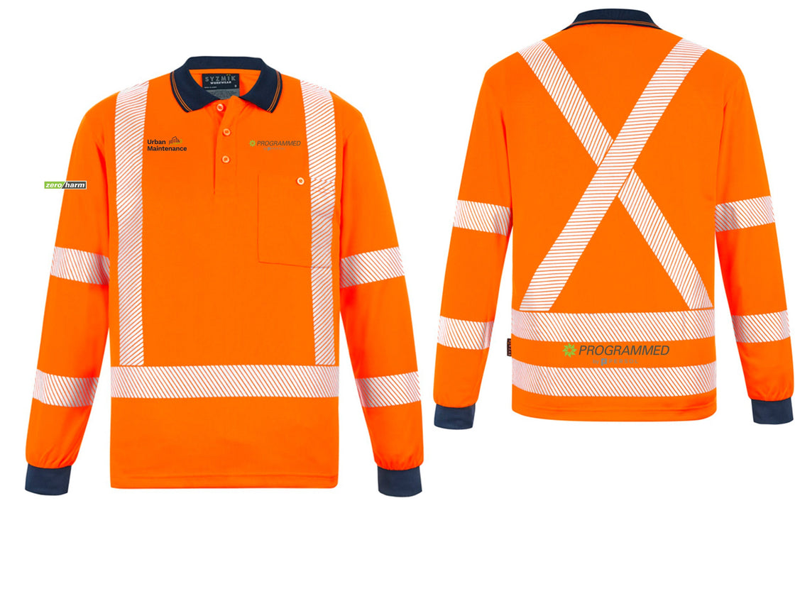 UNISEX HI VIS X BACK NSW RAIL LONG SLEEVE POLO - ORANGE
