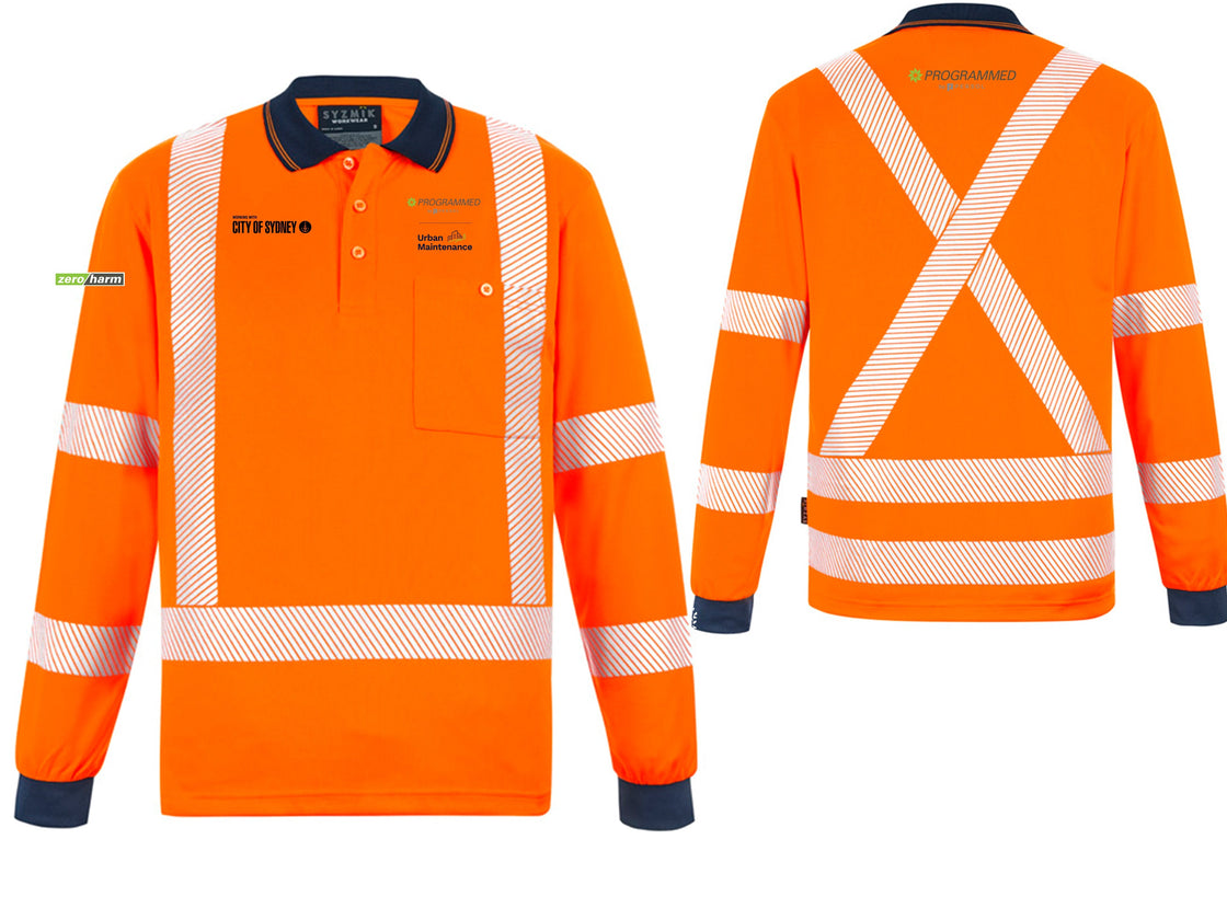 UNISEX HI VIS X BACK NSW RAIL LONG SLEEVE POLO - ORANGE