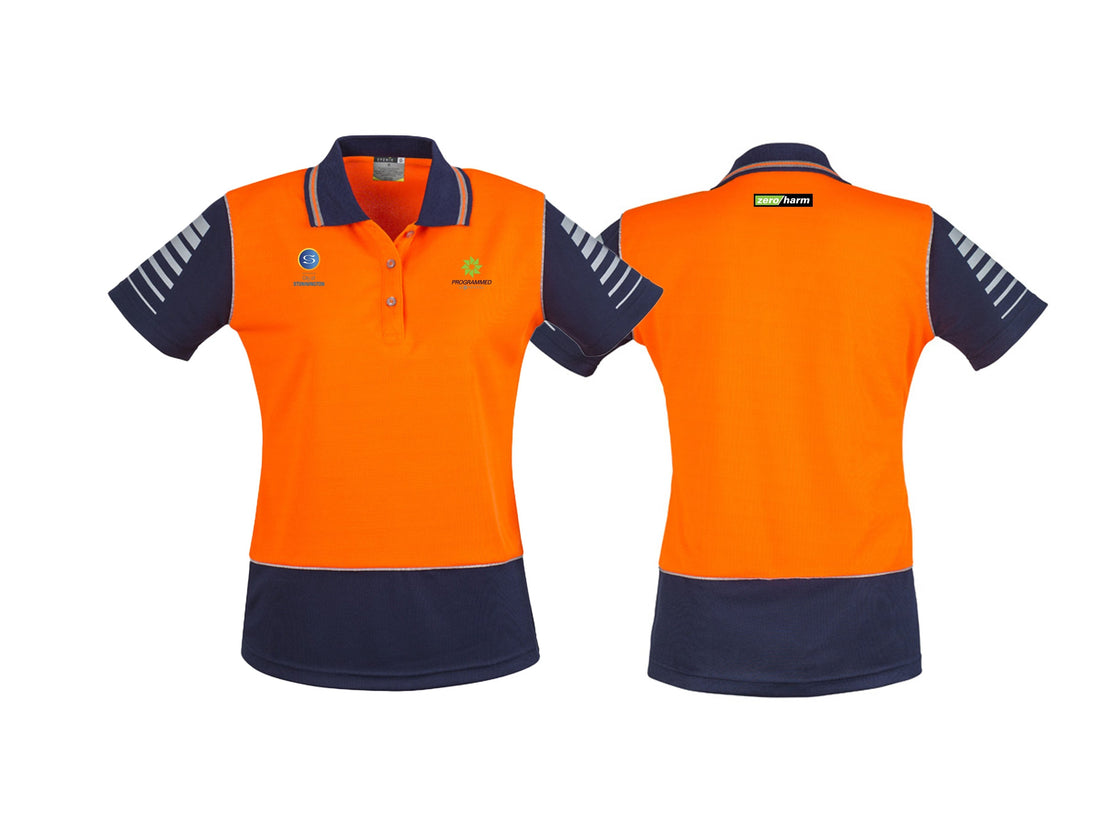 WOMENS HI VIS ZONE POLO - ORANGE/NAVY