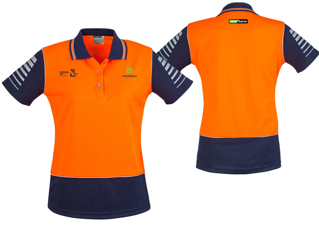 WOMENS HI VIS ZONE SHORT SLEEVE POLO - ORANGE/NAVY