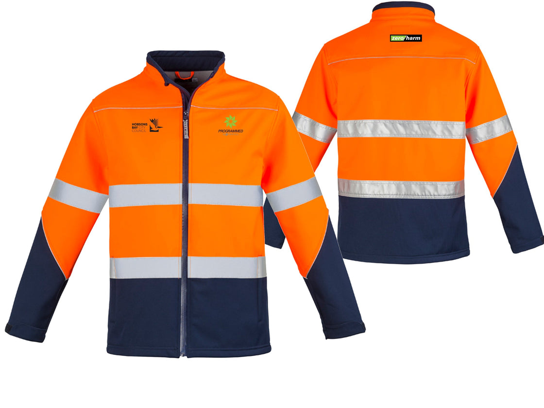 UNISEX HI VIS SOFTSHELL JACKET - ORANGE/NAVY