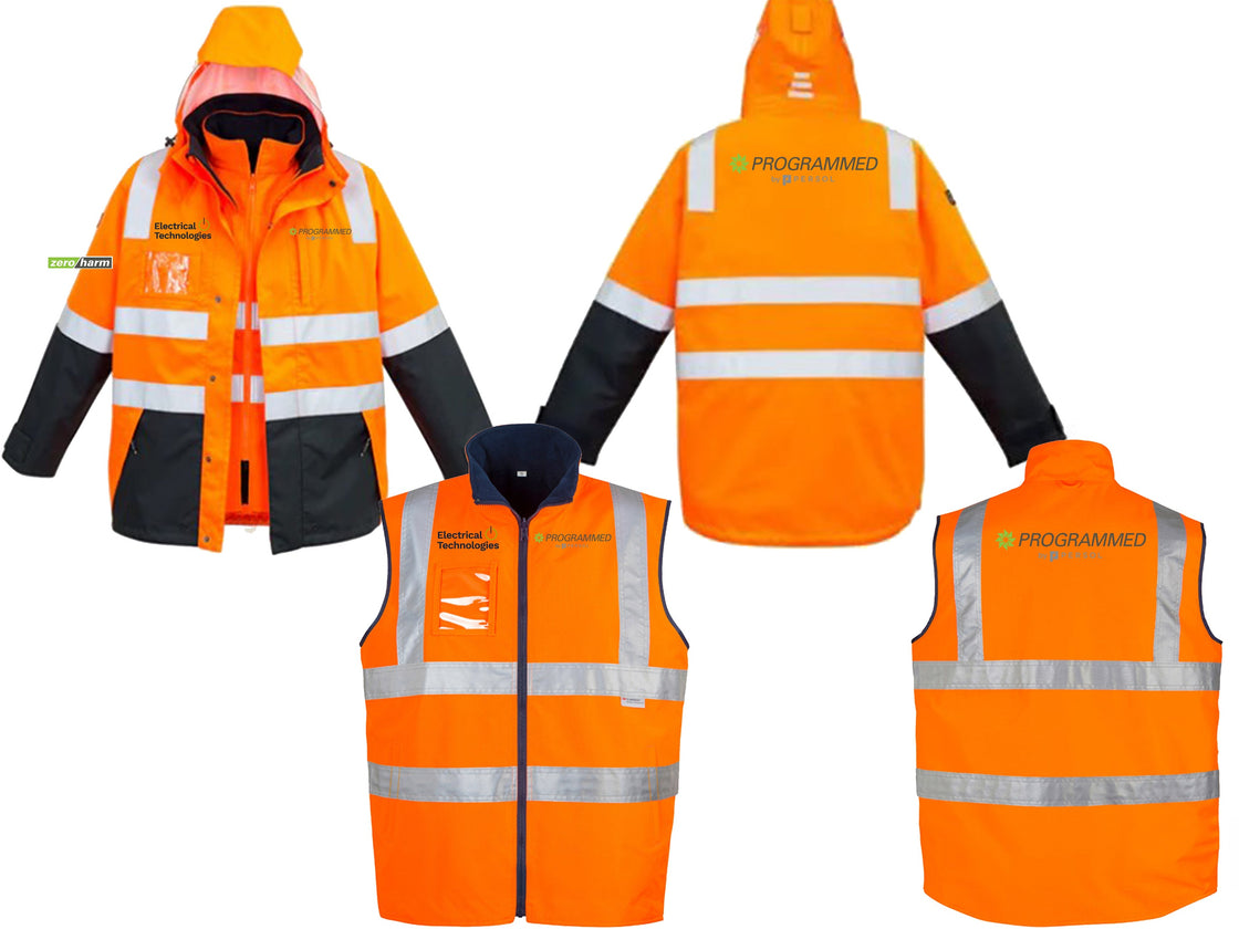MENS HI VIS 4 IN 1 WATERPROOF JACKET - ORANGE/NAVY