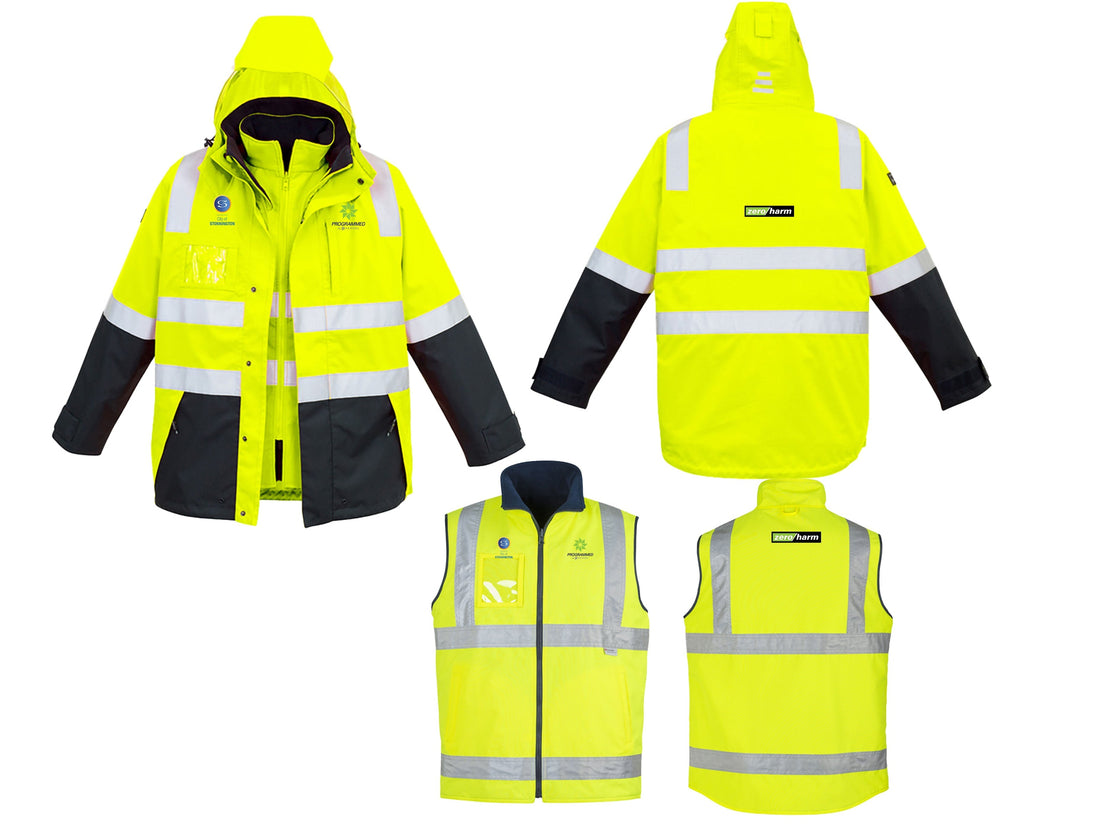 MENS HI VIS 4 IN 1 WATERPROOF JACKET - YELLOW/NAVY