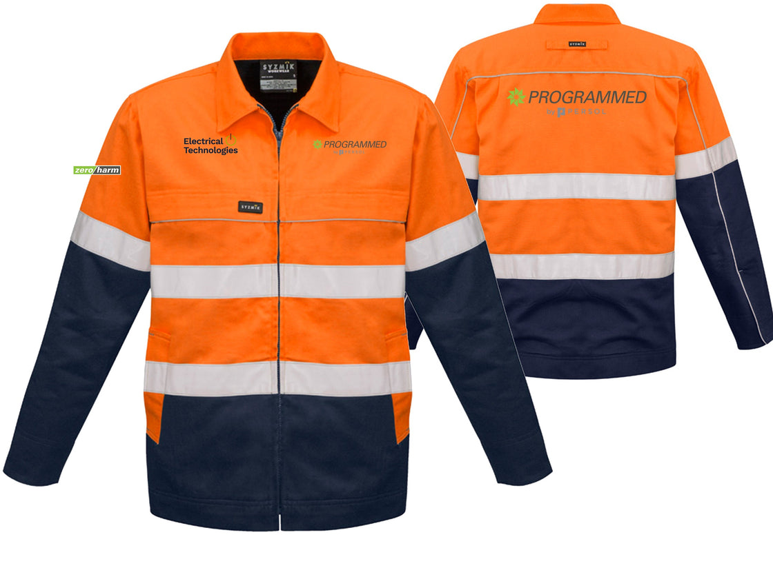 MENS HI VIS COTTON DRILL JACKET - ORANGE/NAVY