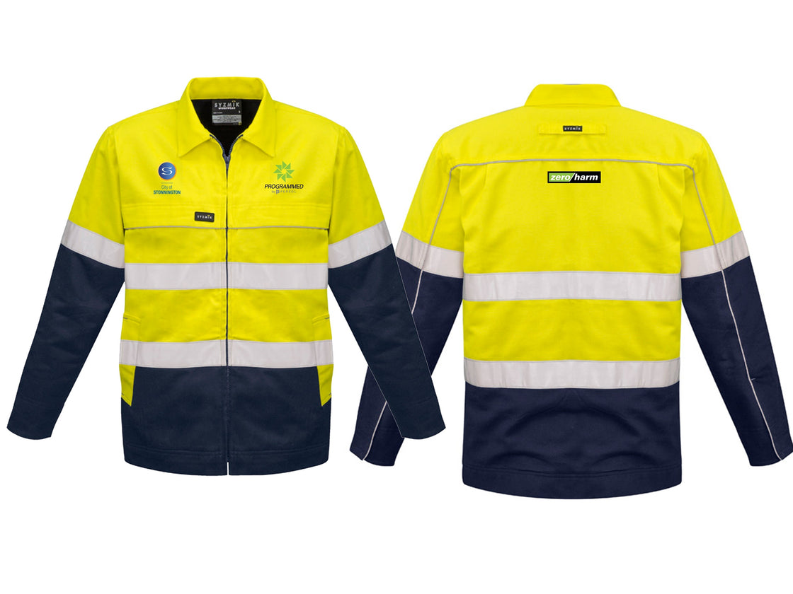 MENS HI VIS COTTON DRILL JACKET - YELLOW/NAVY