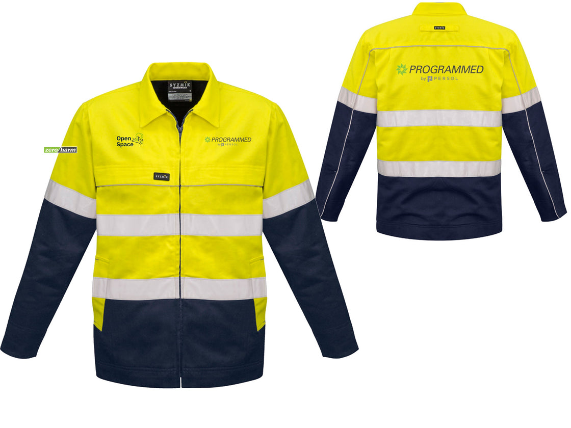 MENS HI VIS COTTON DRILL JACKET - YELLOW/NAVY