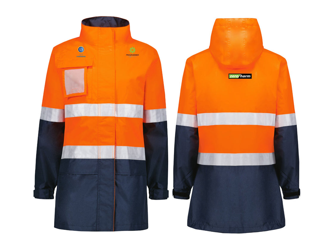 WOMENS HI VIS ULTRALITE WATERPROOF JACKET - ORANGE/NAVY