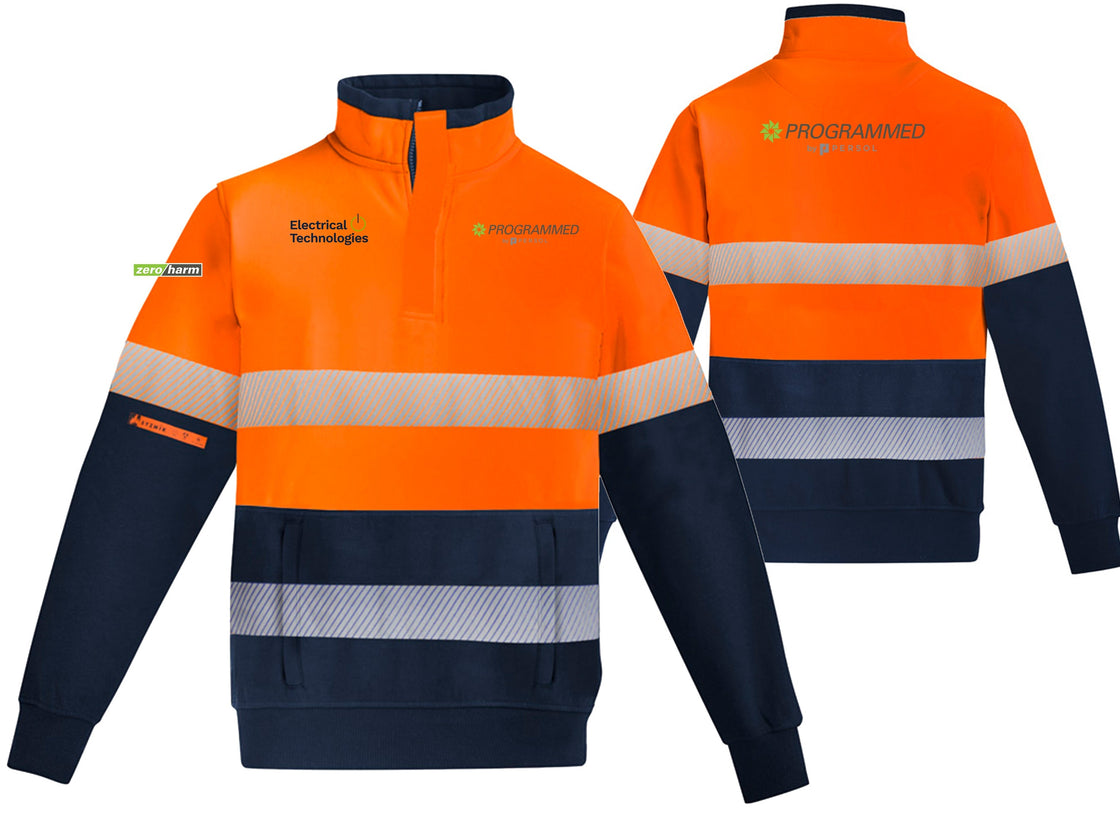 MENS ORANGE FLAME HI VIS 1/4 ZIP PULLOVER - HOOP TAPED - ORANGE/NAVY
