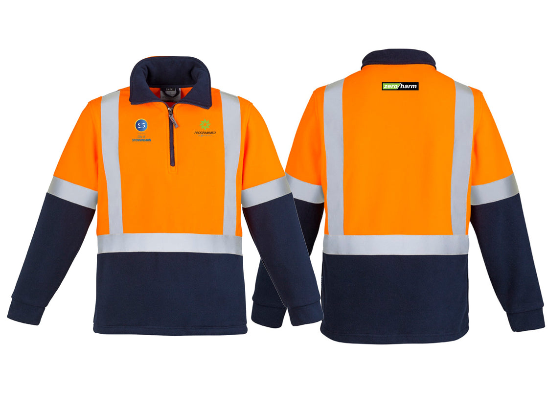 UNISEX HI VIS POLAR FLEECE PULLOVER - SHOULDER TAPED - ORANGE/NAVY