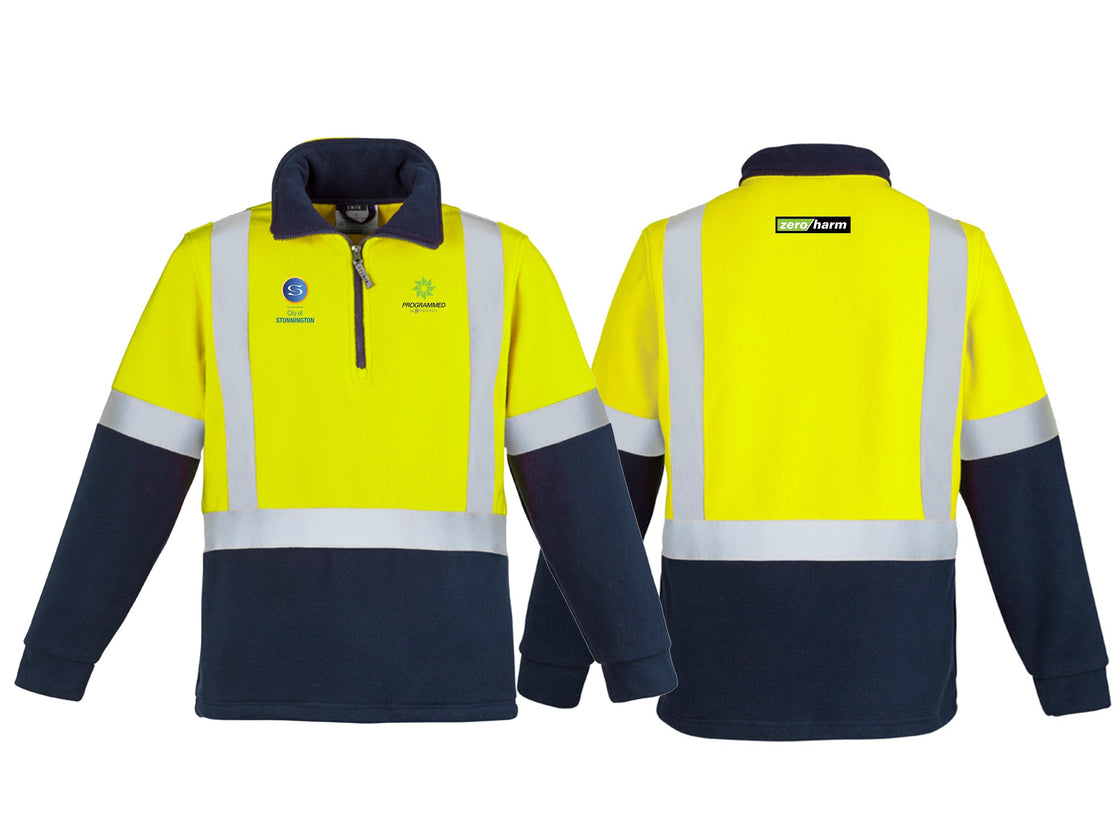 UNISEX HI VIS POLAR FLEECE PULLOVER - SHOULDER TAPED - YELLOW/NAVY