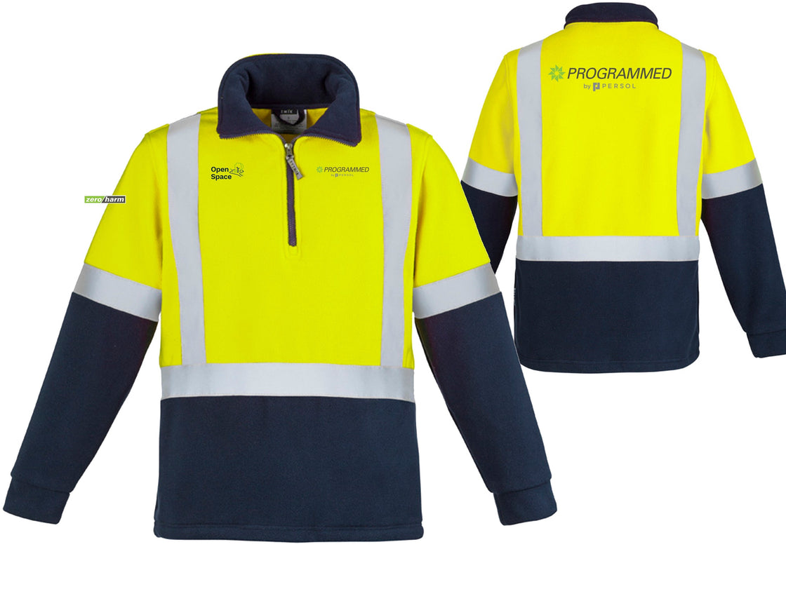 UNISEX HI VIS POLAR FLEECE PULLOVER - SHOULDER TAPED - YELLOW/NAVY