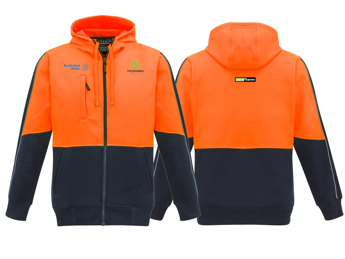 UNISEX HI VIS FULL ZIP HOODIE - ORANGE/NAVY