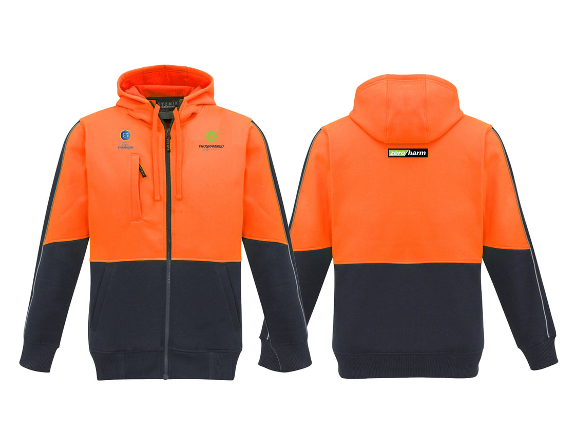 UNISEX HI VIS FULL ZIP HOODIE - ORANGE/NAVY