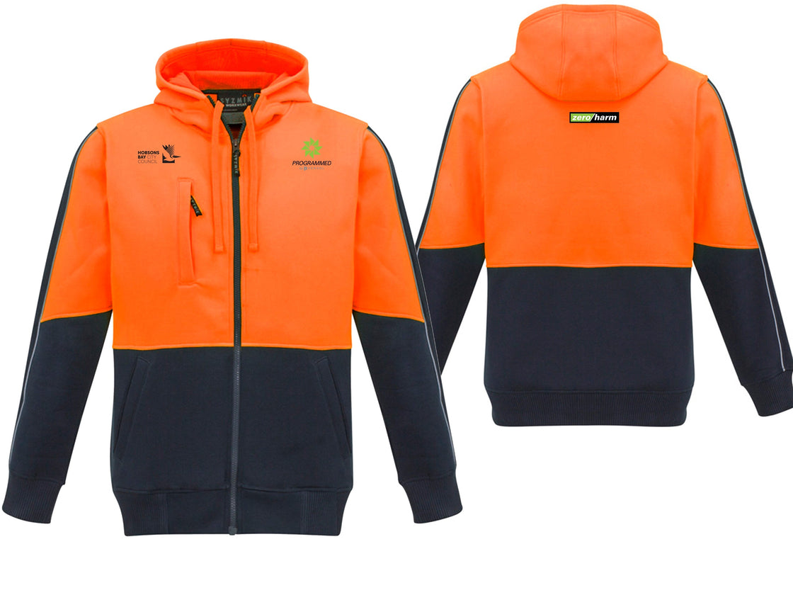 UNISEX HI VIS FULL ZIP HOODIE - ORANGE/NAVY