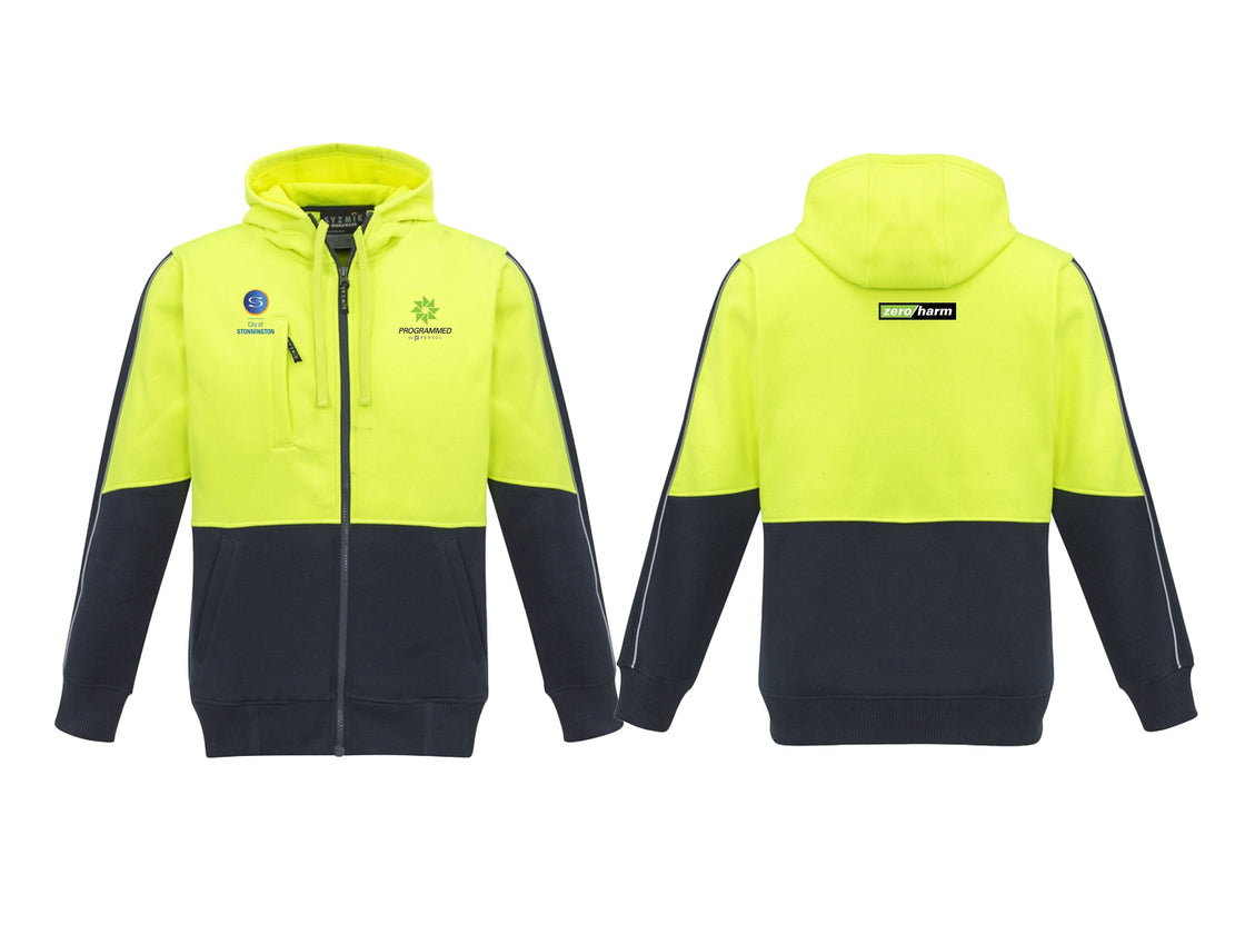 UNISEX HI VIS FULL ZIP HOODIE - YELLOW/NAVY