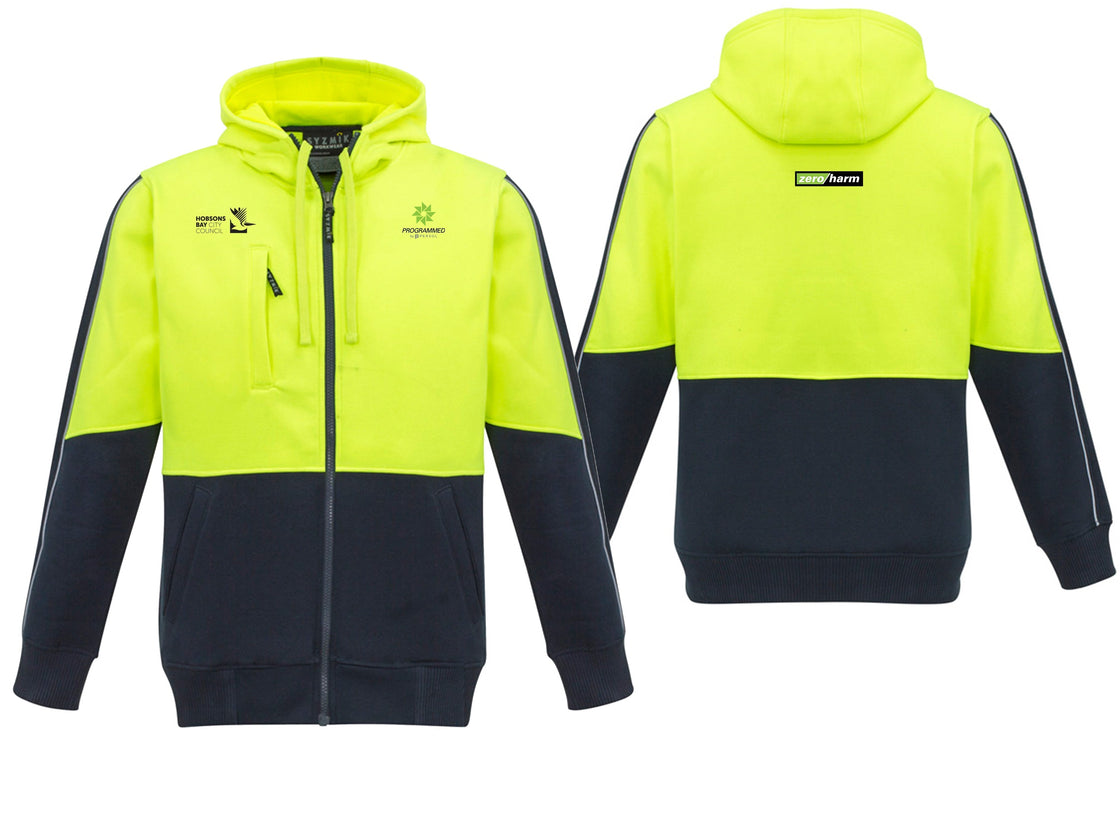 UNISEX HI VIS FULL ZIP HOODIE - YELLOW/NAVY
