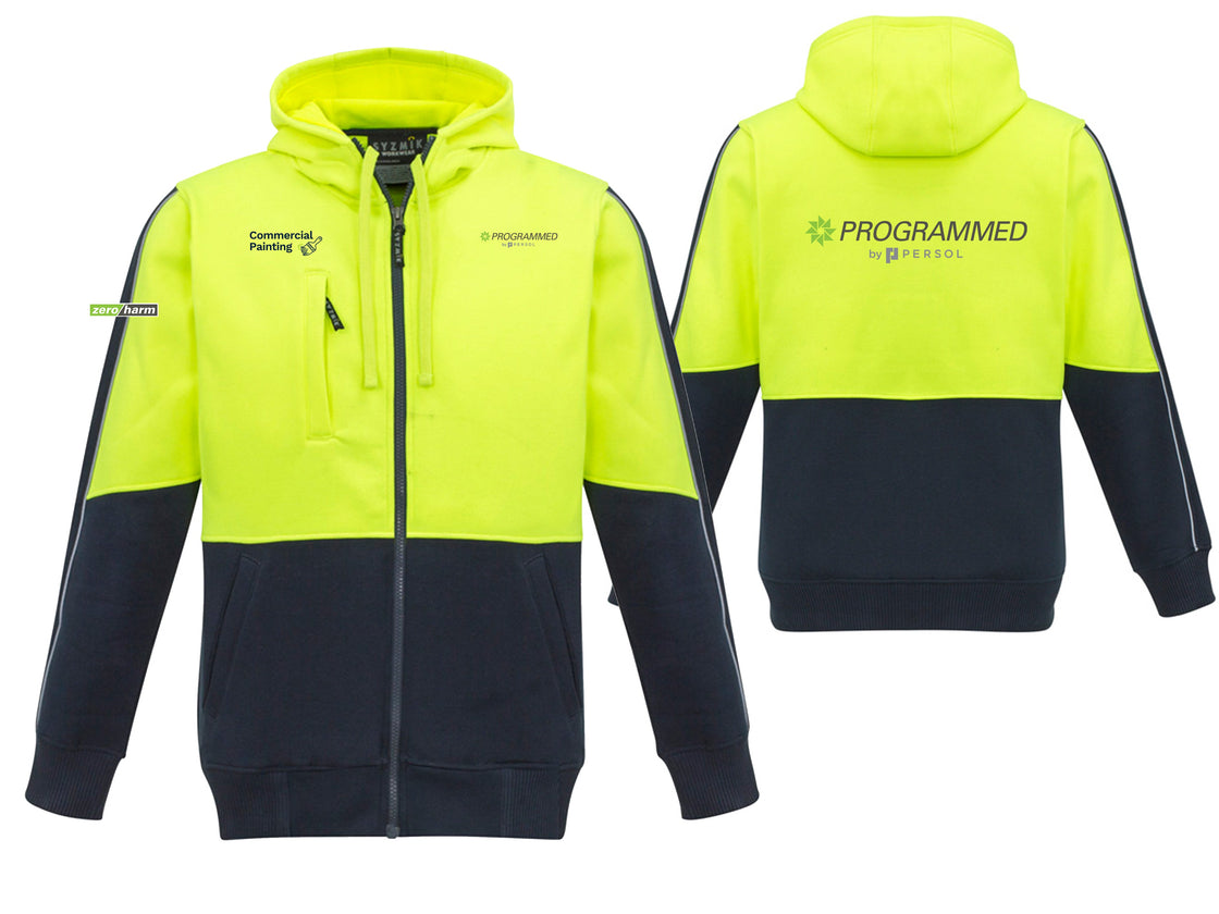 UNISEX HI VIS FULL ZIP HOODIE - YELLOW/NAVY