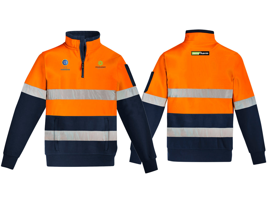 UNISEX HI VIS 1/4 ZIP PULLOVER - HOOP TAPED - ORANGE/NAVY