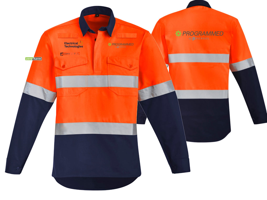 MENS INDUSTRIAL LONG SLEEVE SHIRT - HOOP TAPED - ORANGE/NAVY