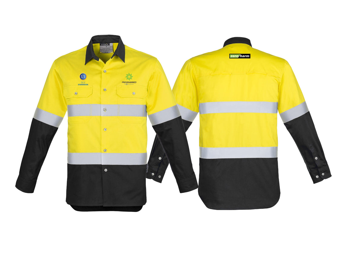 MENS HI VIS SPLICED INDUSTRIAL SHIRT - HOOP TAPED - YELLOW/BLACK