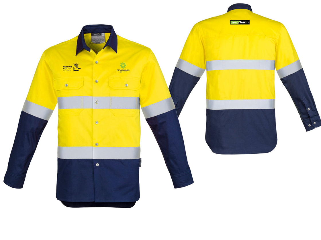 MENS INDUSTRIAL LONG SLEEVE SHIRT - HOOP TAPED - YELLOW/NAVY