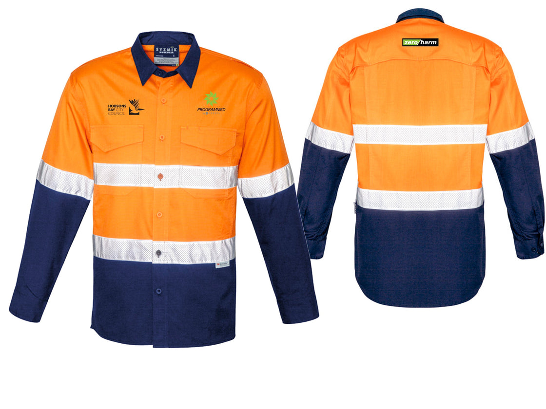 MENS RUGGED COOLING HI VIS TAPED LONG SLEEVE SHIRT - ORANGE/NAVY