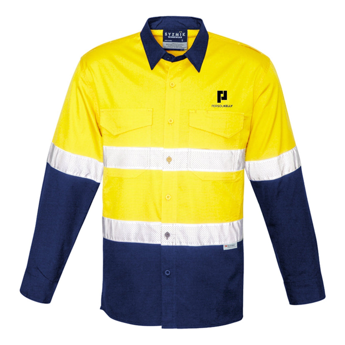 MENS RUGGED COOLING HI VIS TAPED LONG SLEEVE SHIRT - YELLOW/NAVY