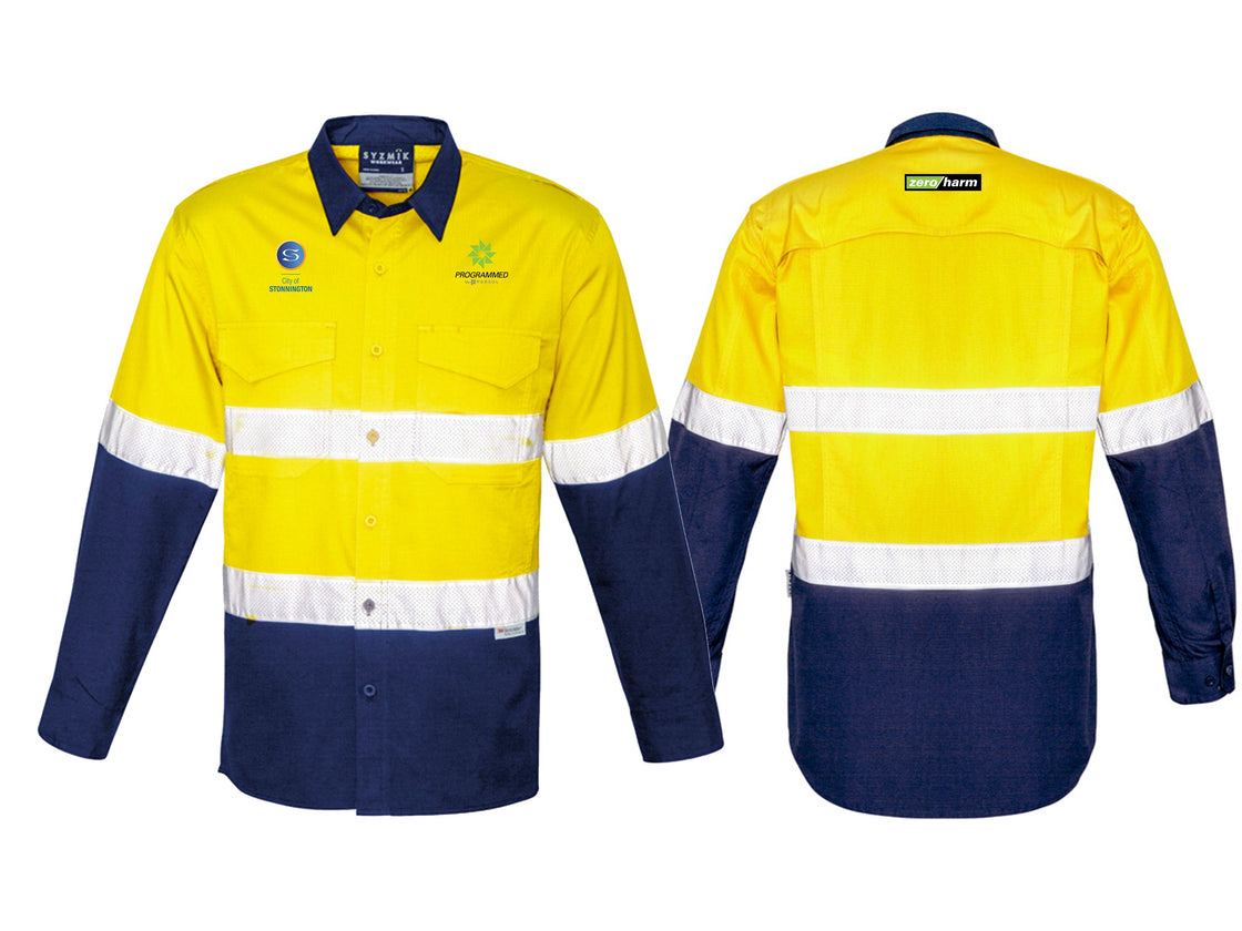MENS RUGGED COOLING HI VIS TAPED LONG SLEEVE SHIRT - YELLOW/NAVY