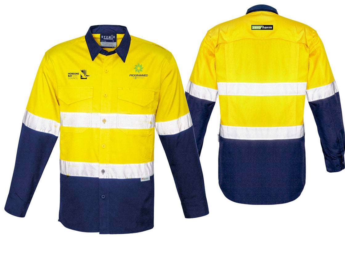 MENS RUGGED COOLING HI VIS TAPED LONG SLEEVE SHIRT - YELLOW/NAVY