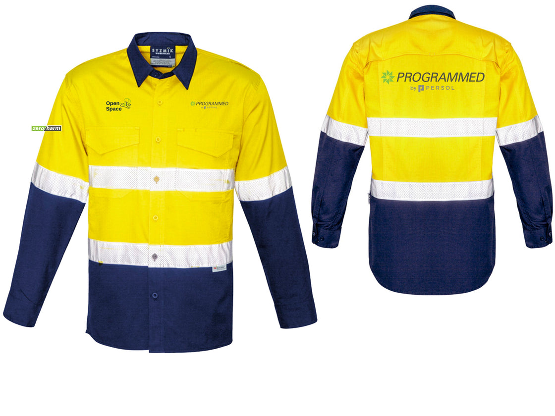 MENS RUGGED COOLING HI VIS TAPED LONG SLEEVE SHIRT - YELLOW/NAVY