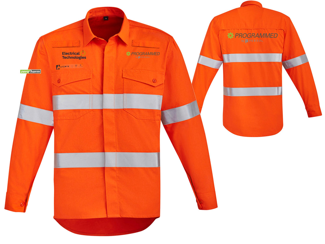 MENS ORANGE FLAME HI VIS OPEN FRONT SHIRT - HOOP TAPED - ORANGE